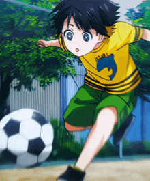 a young boy wearing a yellow shirt with a dolphin on it is kicking a soccer ball