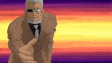 a man in a suit and tie is pointing his finger