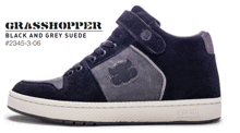 a pair of black and grey suede grasshopper sneakers on a white background