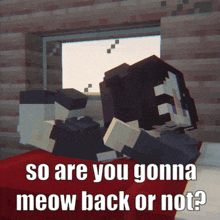 a minecraft character is laying on a bed with the caption so are you gonna meow back or not
