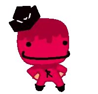 a red cartoon character with a black hat on his head has the letter k on his pants
