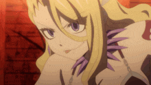 a close up of a blonde anime character with purple eyes and a chain around her neck