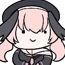 a cartoon drawing of a girl with pink hair wearing a hat .