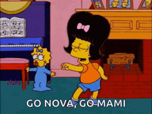 a cartoon of maggie simpson dancing with a baby in a living room .