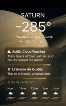 a screenshot of saturn 's hazardous conditions including acidic cloud warning and unlivable air quality