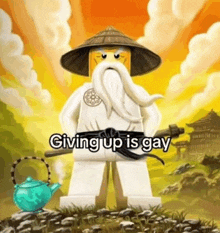 a lego ninjago character with a beard and a hat is holding a teapot and a sword .