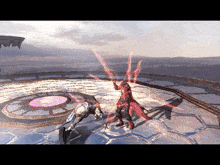 a video game screen shows a man in a red costume fighting another man