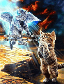 a painting of two cats with the caption me begging bro to delete the ass of me saying the n word