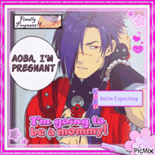a picture of a man holding a test that says aoba i 'm pregnant
