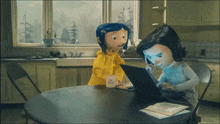 two cartoon characters sitting at a table with a mug that says i love wish