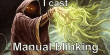 a man in a hooded robe is casting a spell with his hands .