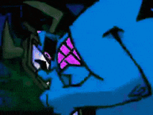 a close up of a cartoon character 's face with a purple eye .