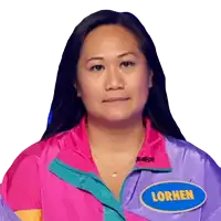 a woman wearing a pink and purple jacket with a blue patch that says lorhen