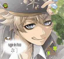 a close up of a anime character wearing a hat and a necklace .