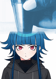 a drawing of a girl with blue hair and red eyes looking at something