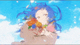 a girl with blue hair is holding a bouquet of flowers in her hands