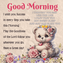 a picture of a teddy bear with flowers and the words " good morning "