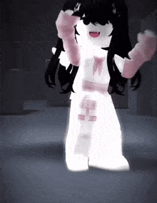 a girl with black hair and pink gloves is standing in a room .