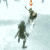 a person in a video game is standing in the snow holding a sword and shield .