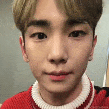 a close up of a young man 's face wearing a red sweater and a white collar .