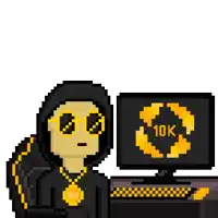 a pixel art drawing of a person sitting in front of a computer monitor that says 10k on it