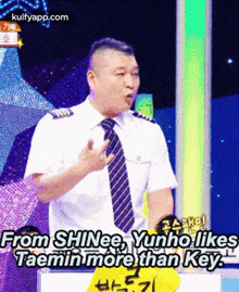 a man in a white shirt and tie is saying from shinee yunho likes taemin more than key .