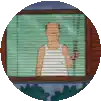 a pixel art of a man in a tank top looking out of a window with blinds .