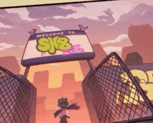 a cartoon character is standing in front of a sign that says welcome to sis cats .