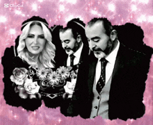a woman holding a bouquet of flowers is surrounded by two men in suits
