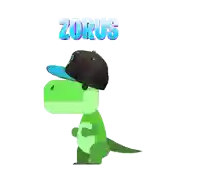 a cartoon of a dinosaur wearing a baseball cap with the name zorus written above it