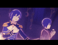 a couple of anime characters standing next to each other in a dark room