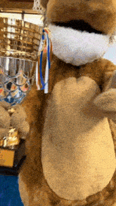 a stuffed animal wearing a mask holds a trophy in its mouth