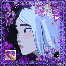 a picture of a girl with white hair is surrounded by purple flowers and picmix