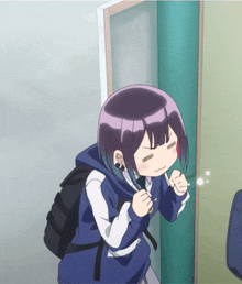 a girl with purple hair and a black backpack is standing in front of a door