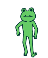 a green frog is standing with his hands on his hips .
