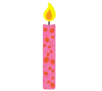 a pink birthday candle with orange polka dots on it