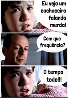 a man talking to a child with a speech bubble that says eu vejo um cachaceiro falando merda