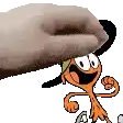a cartoon character is standing next to a hand that is holding a donut .