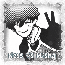 a black and white drawing of a boy with the words ness vs misha below it