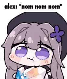 a cartoon girl with purple eyes and a flower on her head is holding a bottle .