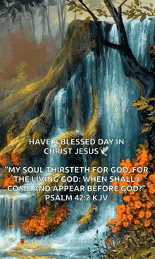 a painting of a waterfall with a bible verse on it