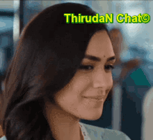 a close up of a woman 's face with the words thirdan chat written above her