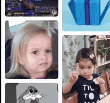 a little girl wearing a blue shirt that says " til to "