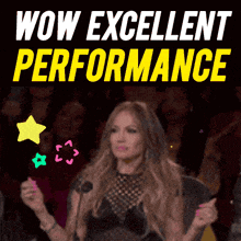 a woman stands in front of a microphone with the words wow excellent performance above her