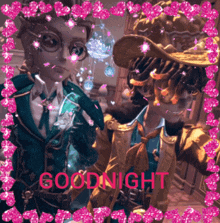 a picture of two men with the words goodnight in red