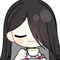 a girl with long black hair is holding a cup of tea
