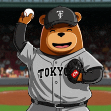 a teddy bear in a tokyo baseball uniform holds a ball