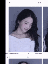 a woman with long black hair is wearing a white top and smiling .