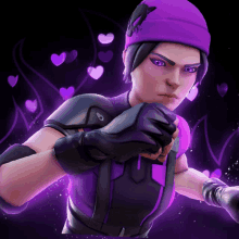 a cartoon character with a purple hat and gloves has hearts behind her