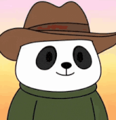 a cartoon panda bear wearing a cowboy hat and a green sweater